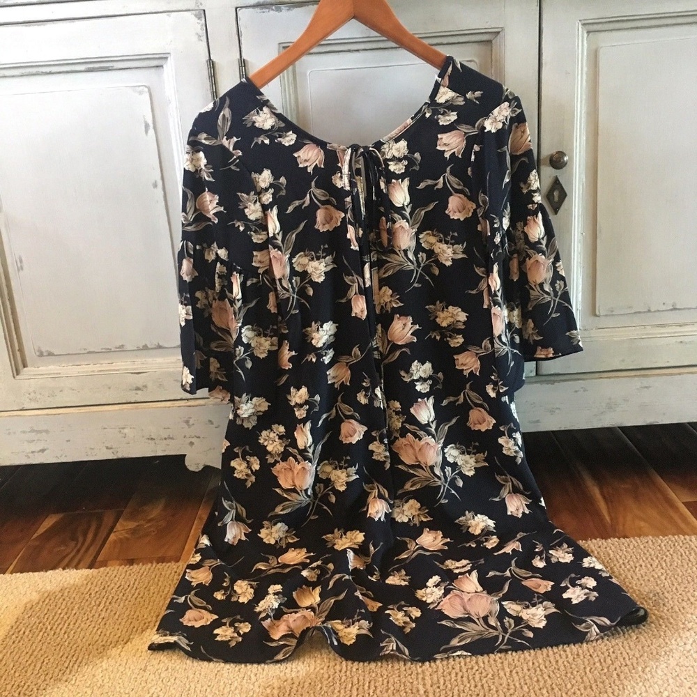 NEW Boho Navy Floral 3/4 Sleeve Tunic Tie Dress - Picture 3 of 8